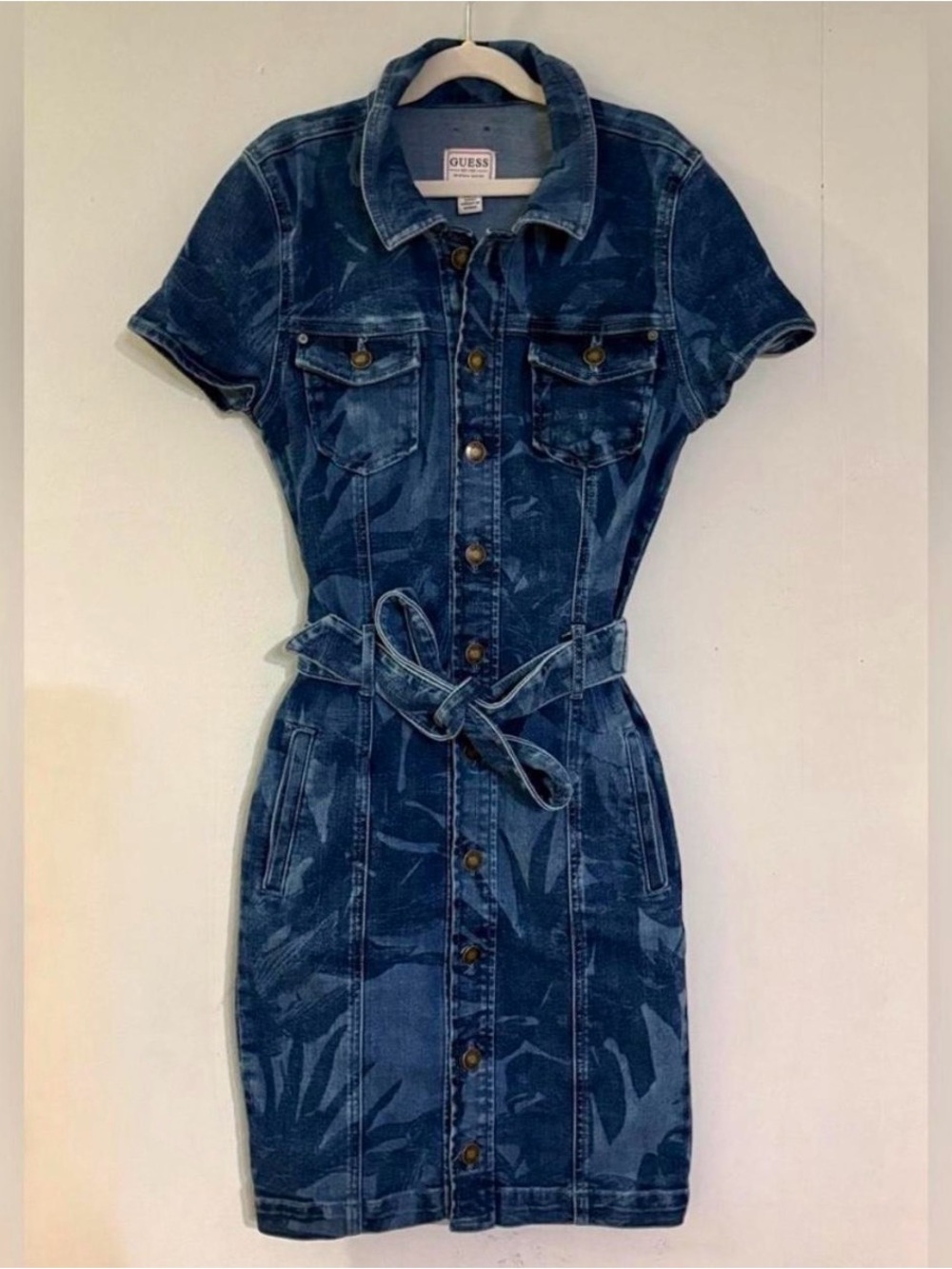 GUESS, Denim Belted Button Front Stella Mini Dress, Tropical Print, Size S